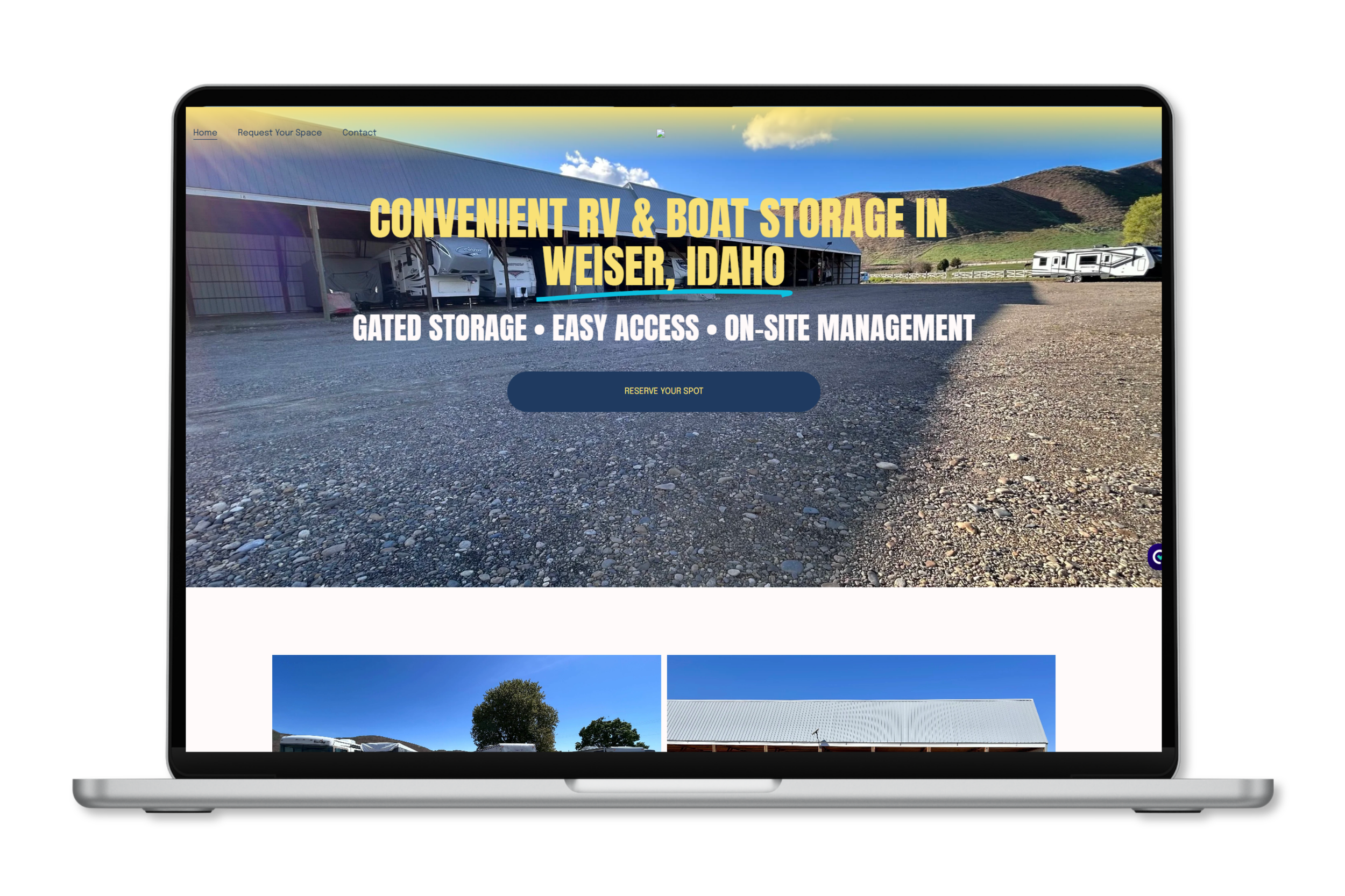 Website homepage for a boat and RV storage facility in Weiser, Idaho, featuring an outdoor storage area with RVs, a building with a metal roof, and a scenic mountain background, with text emphasizing convenient storage, easy access, and on-site management.