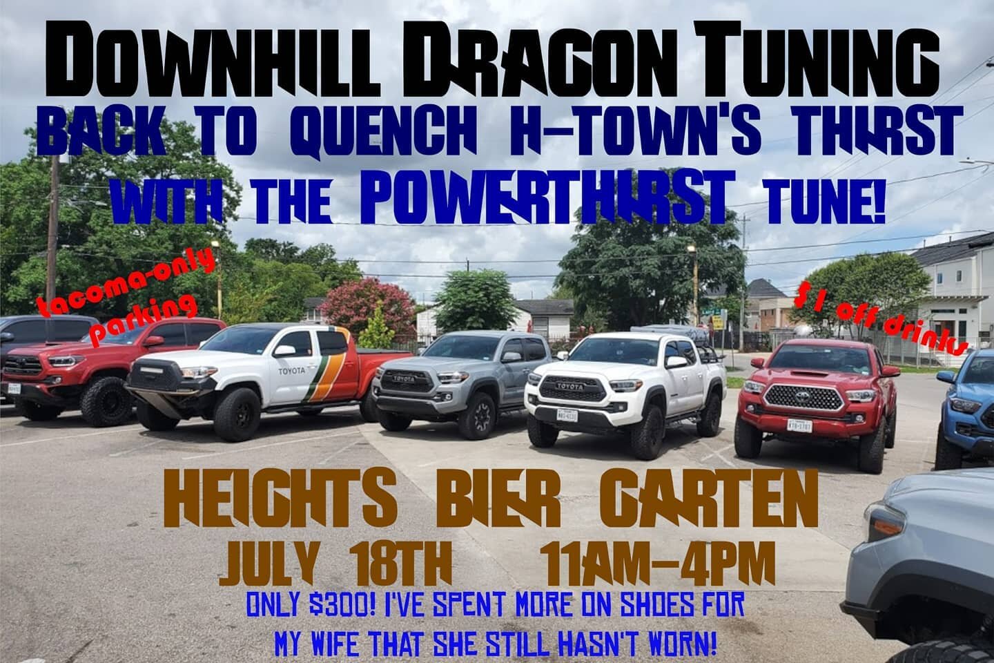 This SUNDAY SUNDAY SUNDAY!! Turn your #toyotatacoma into a 🌮🚀!!

I'll be in #houston at the @heightsbiergarten flashing #powerthirst the best 3rd gen Tacoma tune in Texas.

Improves ALL aspects of drivability. Shifting, power, MPGs, sport mode, and