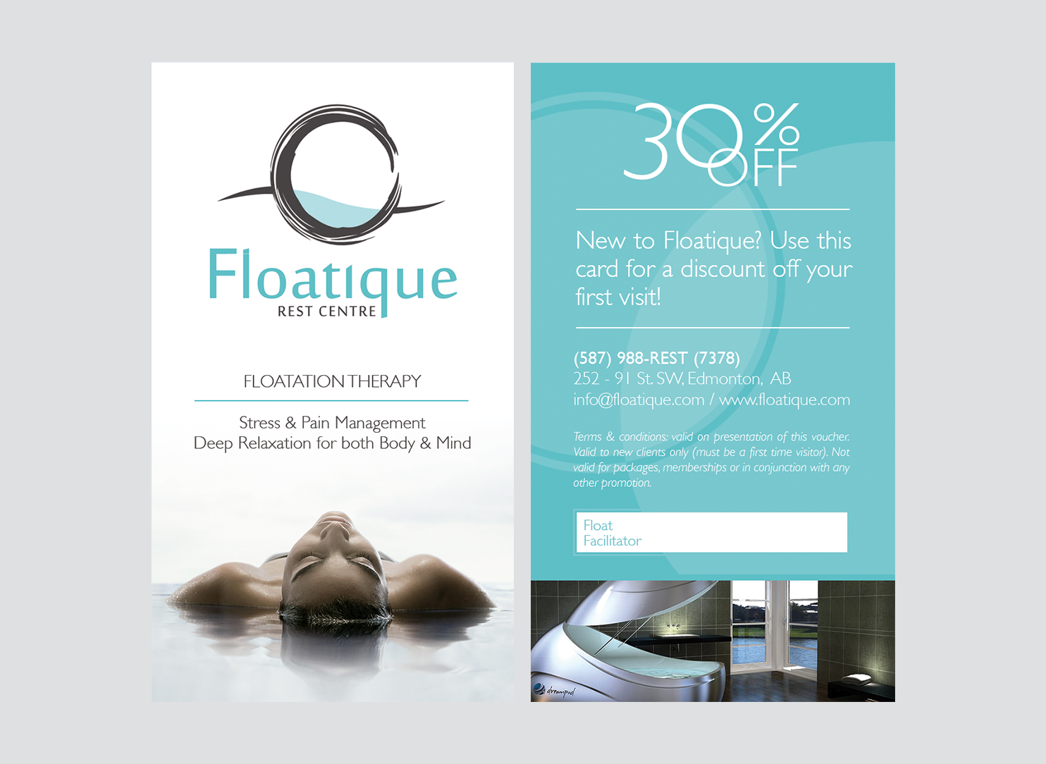 Floatique Rest Centre flyer for floatation therapy, advertising stress and pain management, deep relaxation. It offers a 30% discount for new clients with contact information including phone number and address in Edmonton, AB. Terms and conditions apply.