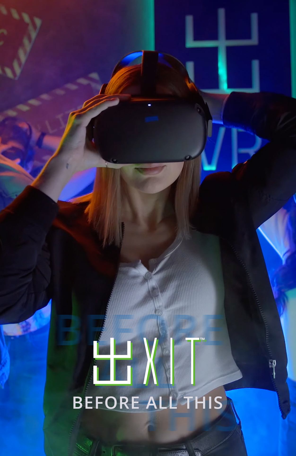 Person wearing a VR headset with text "EXIT: BEFORE ALL THIS" overlayed.