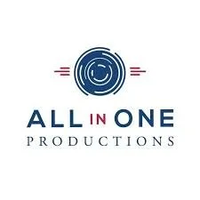 All In One Productions logo with circular graphic in blue and red