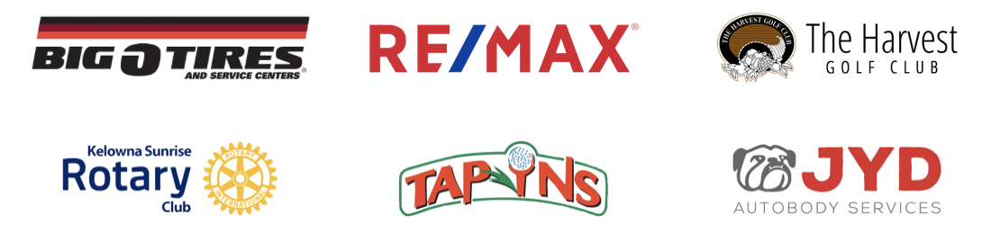 Collection of logos including Big O Tires, RE/MAX, Harvest Golf Club, Kelowna Sunrise Rotary Club, Tap Ins, and JYD Autobody Services.