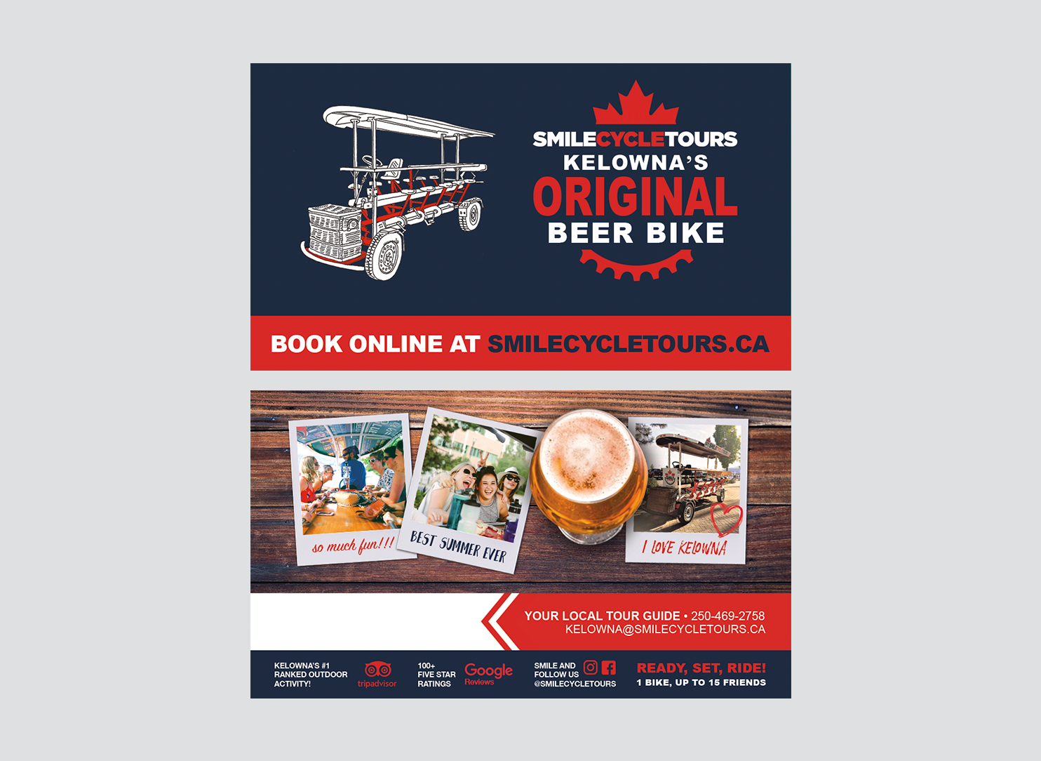 Promotional poster for Smile Cycle Tours, advertising Kelowna's original beer bike. Features a drawing of the bike, photos of people enjoying the ride, and contact details for booking online. Includes ratings and social media icons.