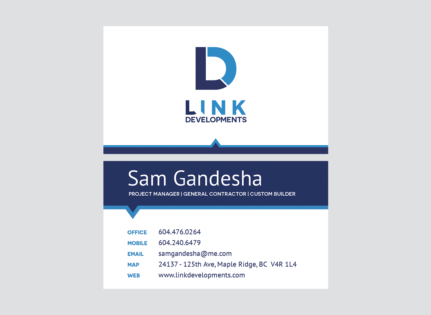 Business card for Link Developments featuring company logo, name Sam Gandesha, and contact details including phone numbers, email, address, and website.