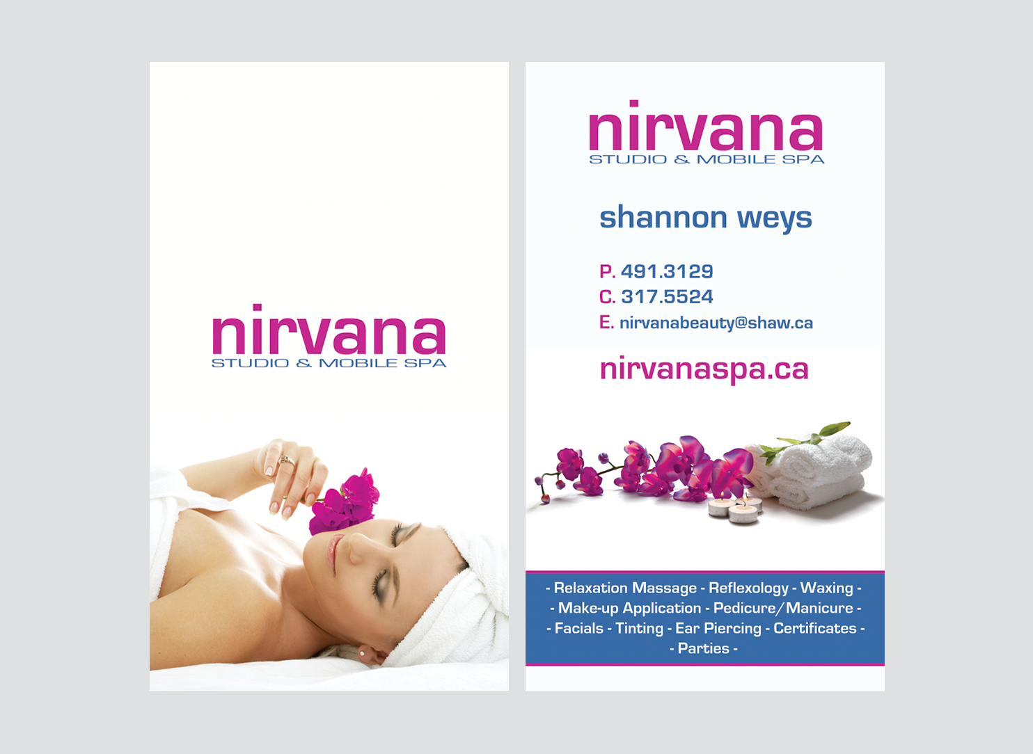 Business card for Nirvana Studio & Mobile Spa, featuring a relaxed woman with a towel on her head and a pink flower. Contact details and spa services like relaxation massage, reflexology, and waxing are listed.