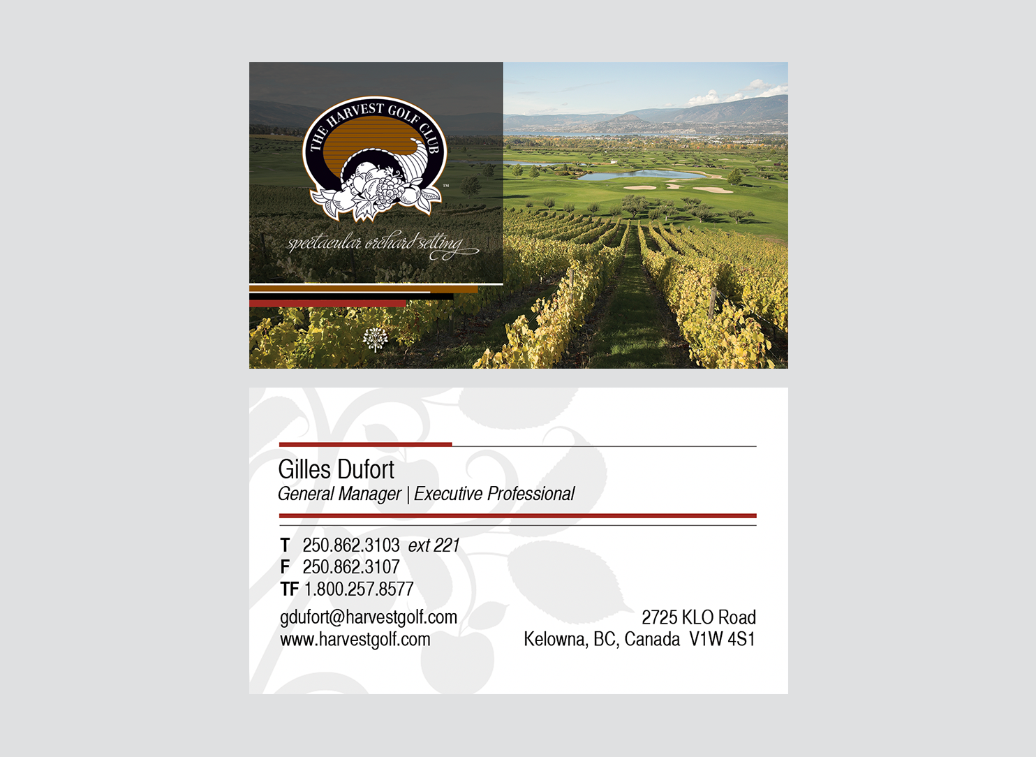 Business card for The Harvest Golf Club, featuring a vineyard image with logo, contact info, and address in Kelowna, BC, Canada.