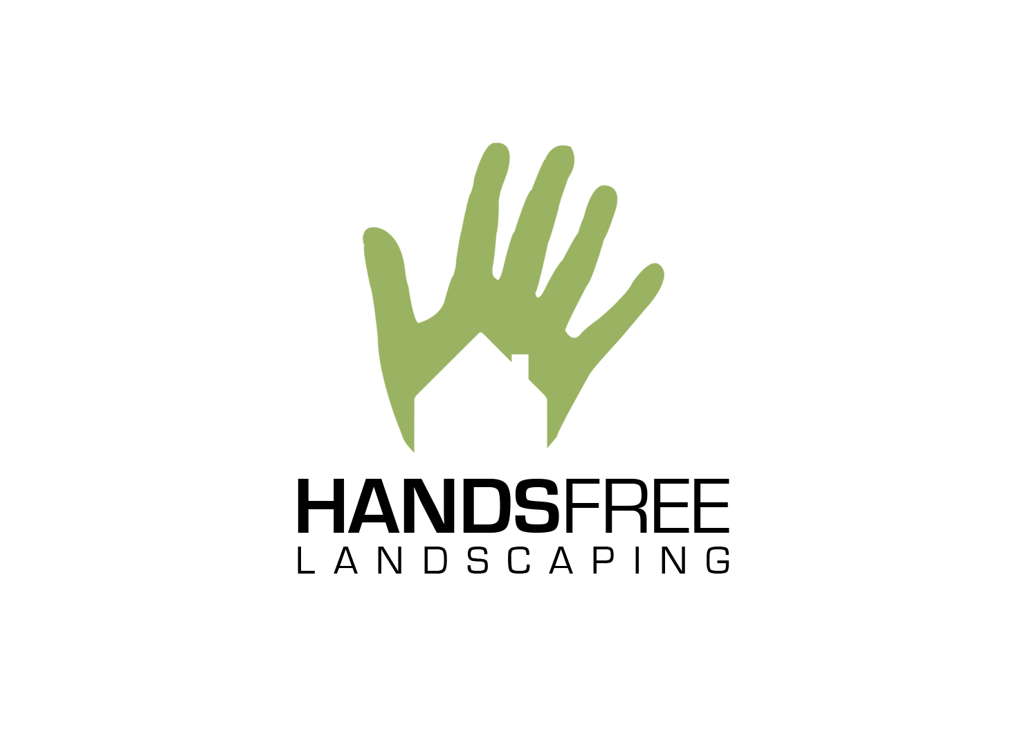 Logo of Handsfree Landscaping featuring a green hand silhouette with a house shape cutout.