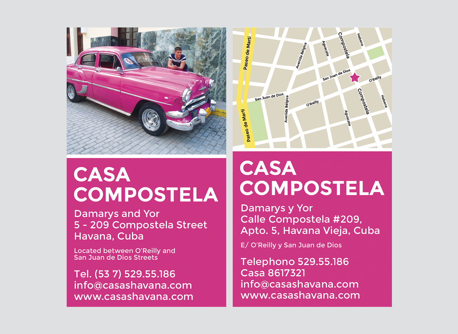 Promotional flyer for Casa Compostela in Havana, Cuba, featuring a pink vintage car image, business address, contact information, and a small location map.