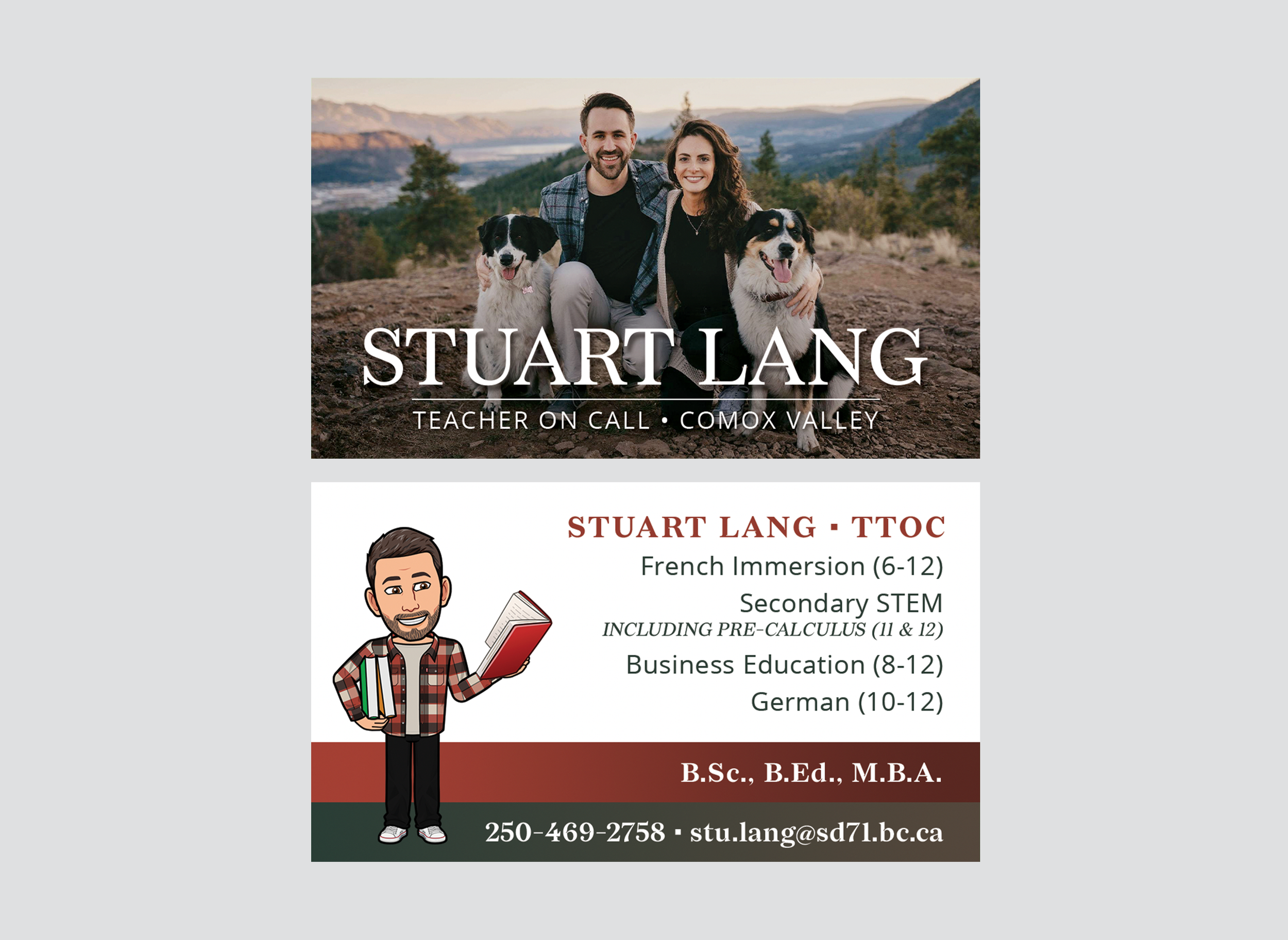Promotional card for a teacher on call in Comox Valley. Includes a photo of two people with a dog in a scenic outdoor setting, and contact details for teaching services in French Immersion, Secondary STEM, Business Education, and German.