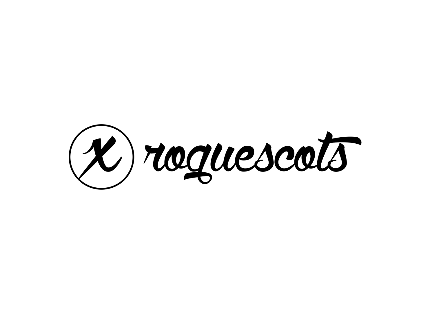 Logo with the word 'roguescots' in cursive font and a stylized 'x' in a circle.