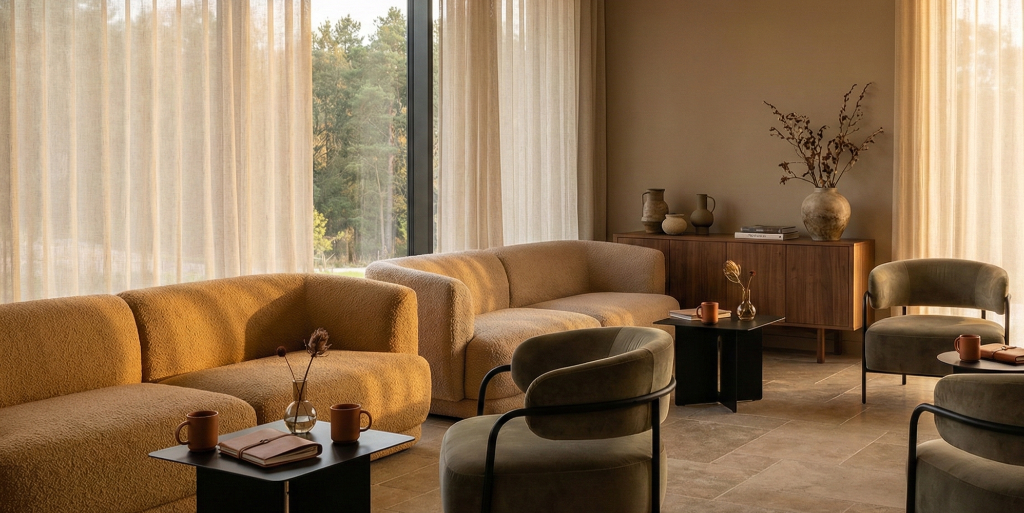 Comfy sofas and chairs ready for workshops, journalling and socialising for the pilates teachers retreat.