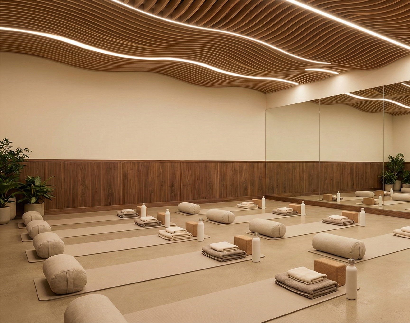 A relaxed pilates studio ready for a class. There are water bottles on mats and a big mirror. This is a modern and sleek teaching studio.