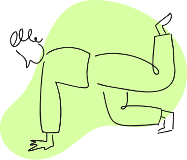 Line drawing of a person sitting cross-legged, with arms resting on knees, on a light green background.