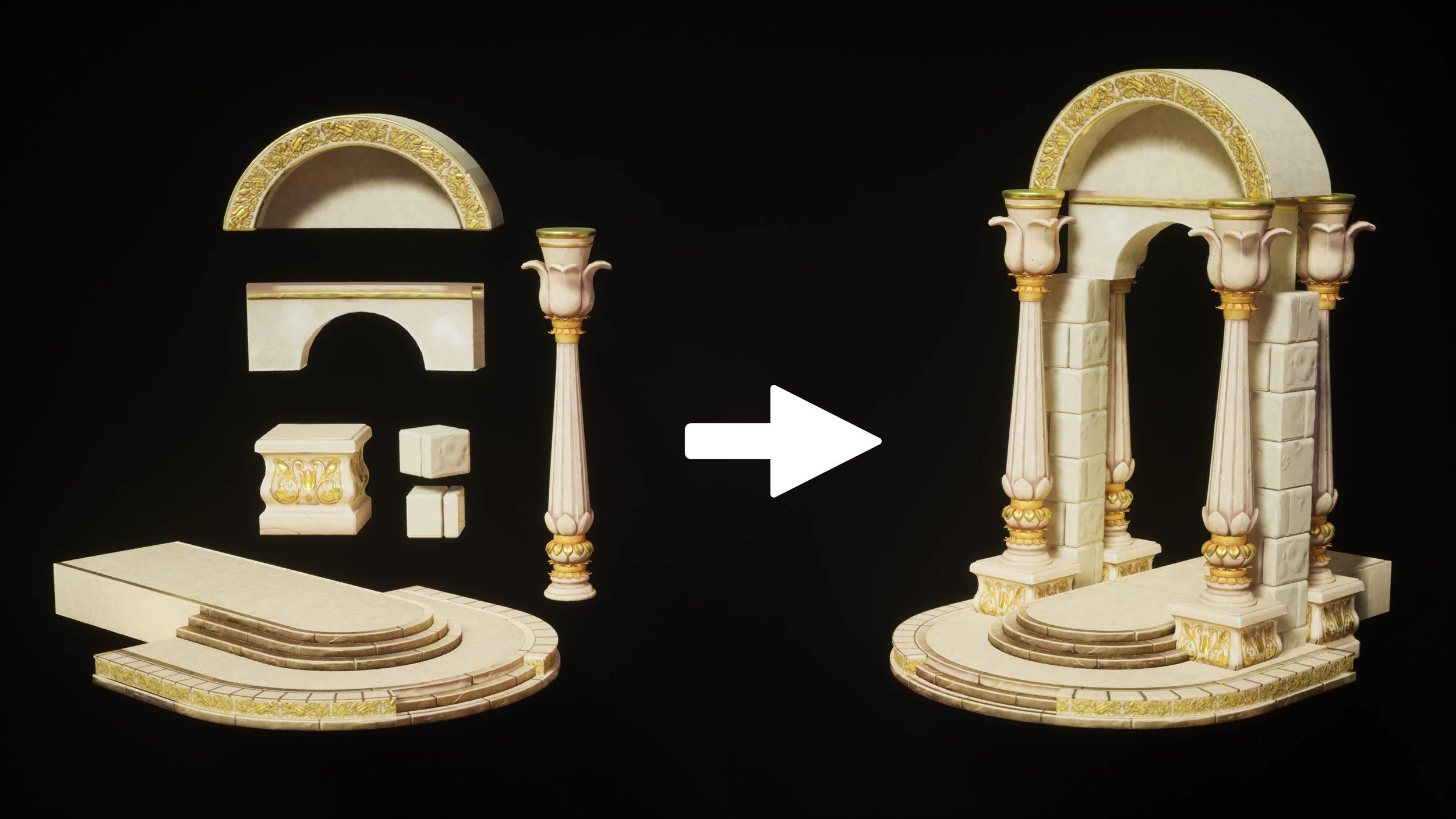 Here, I created a Blueprint of the props to construct the main archways. I also applied this trick for the interior and exterior fountains!