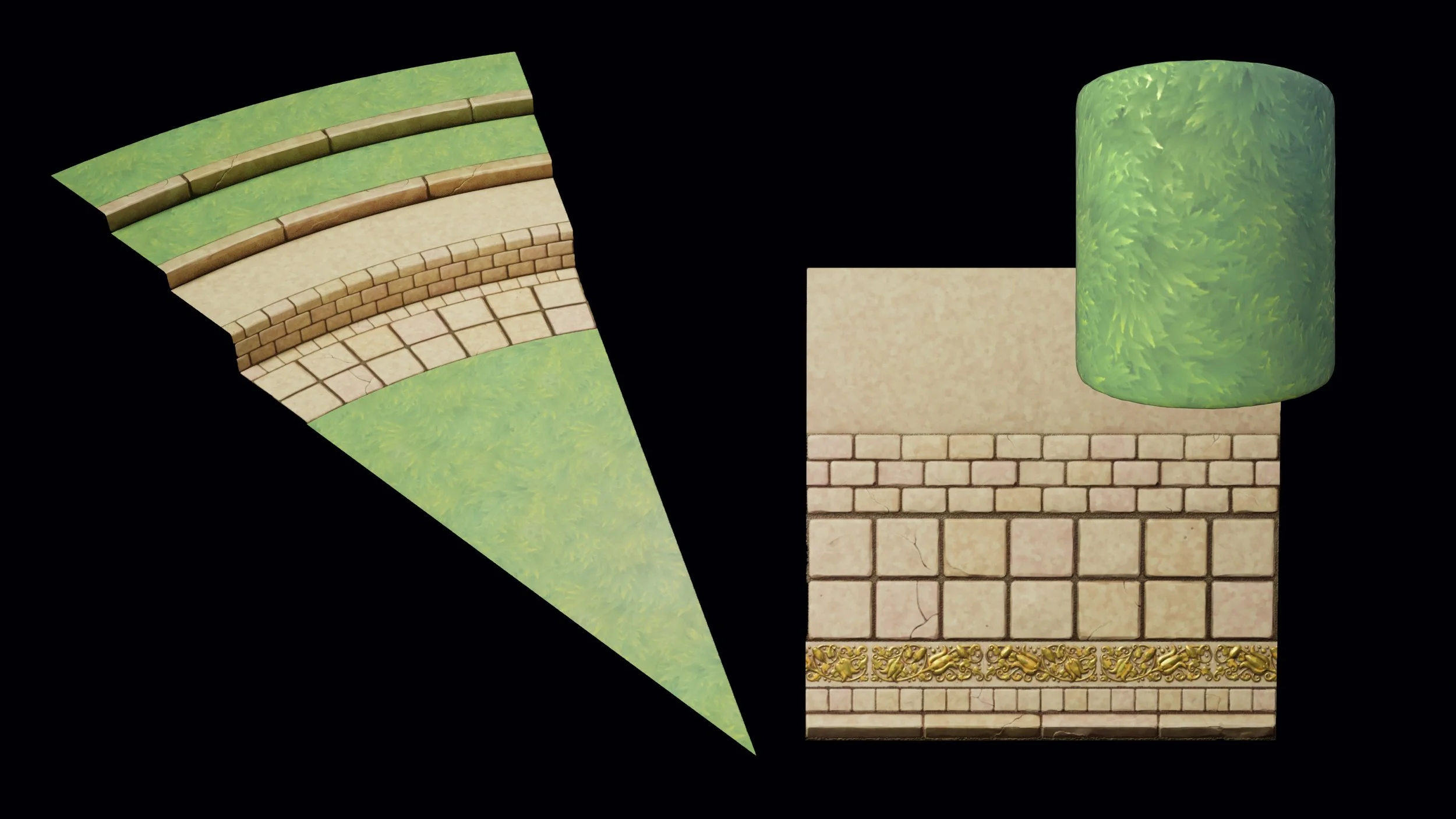 Here's the trimsheet used with an example of how it's used on the floor piece. Also displaying the tiling grass I created.