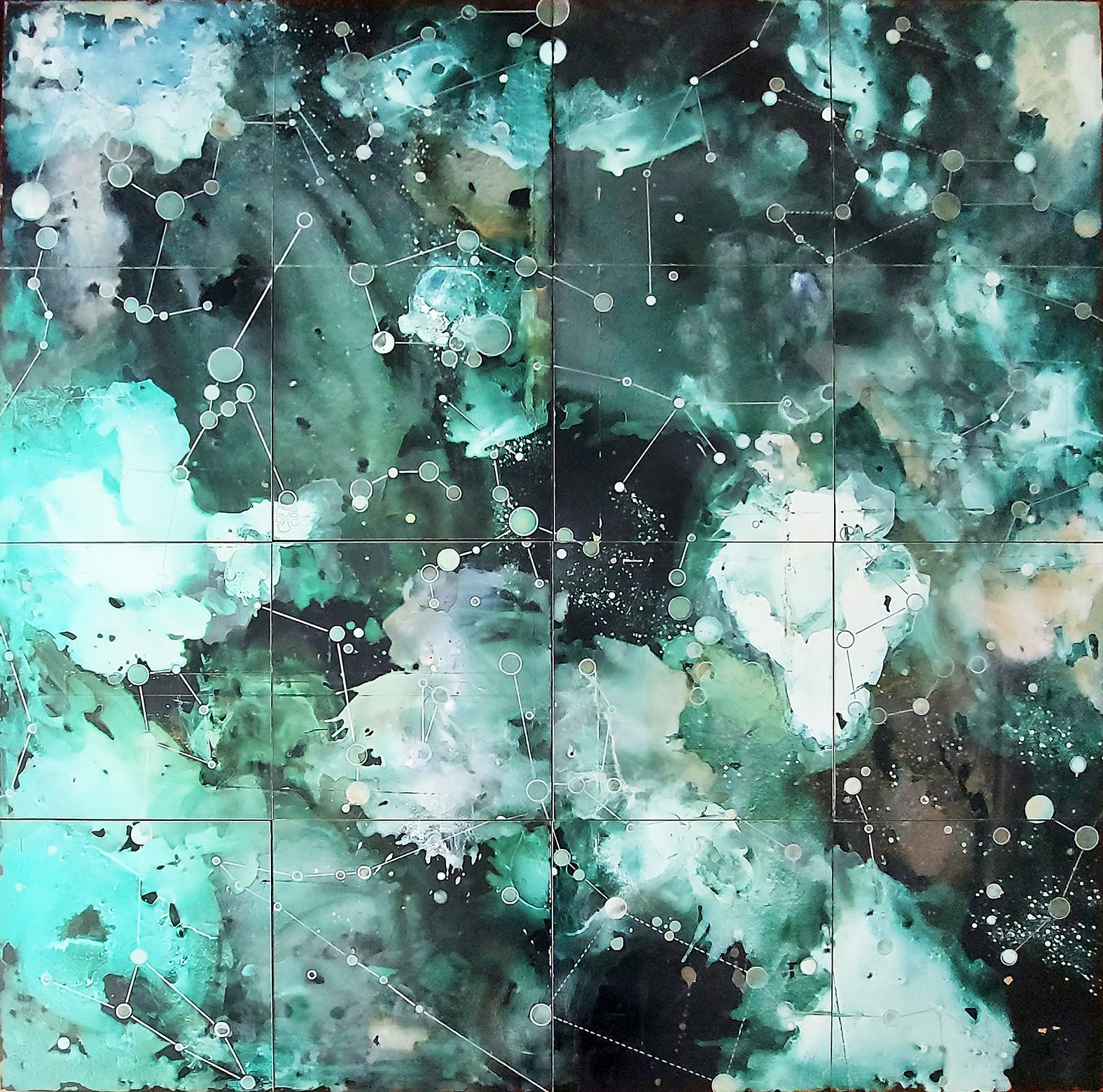 150x150 cm, iridescent and interference colours  on fiberboard and paper panels, 2020-24.