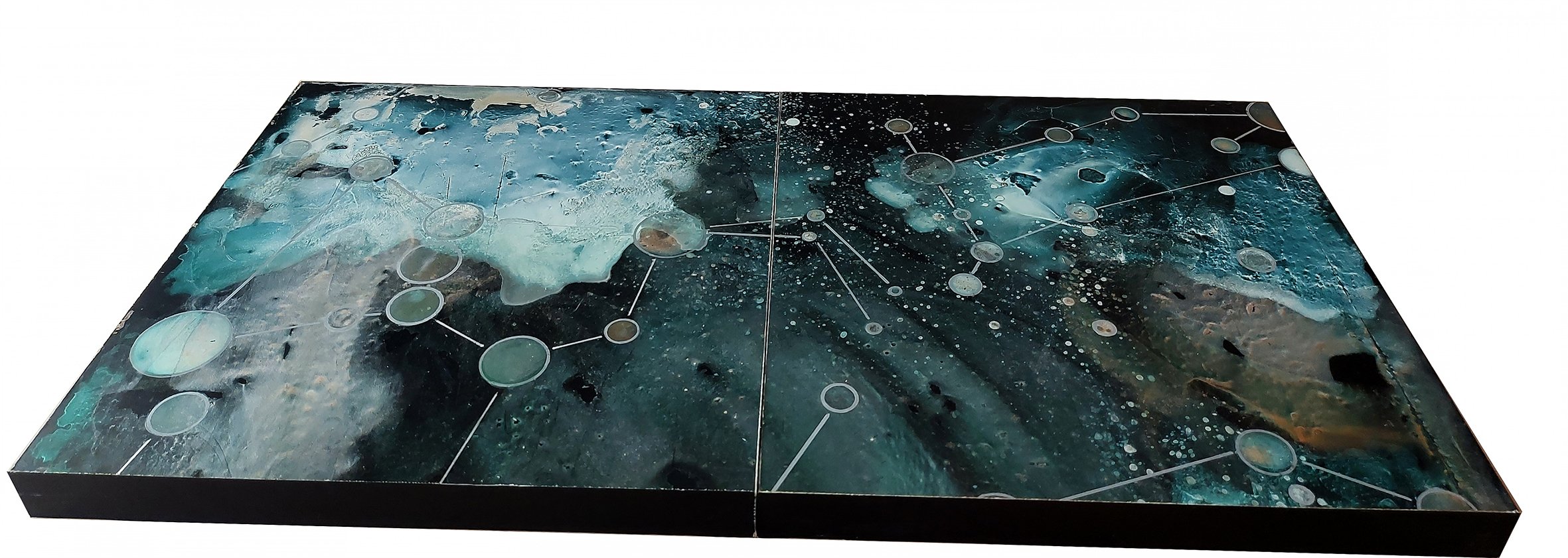 150x150 cm, iridescent and interference colours  on fiberboard and paper panels, 2020-24, detail.