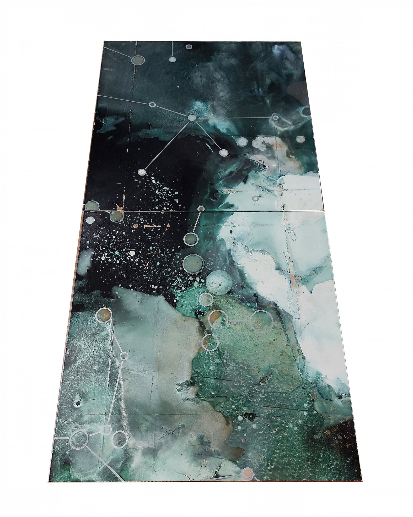 150x150 cm, ιριδίζουσες χρωστικές σε ταμπλό από ινοσανίδα και ανακυκλωμένο χαρτί, 2020-24, λεπτομέρεια.