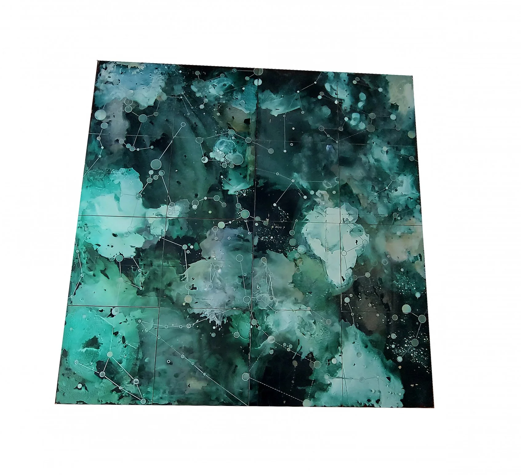 150x150 cm, iridescent and interference colours  on fiberboard and paper panels, 2020-24.