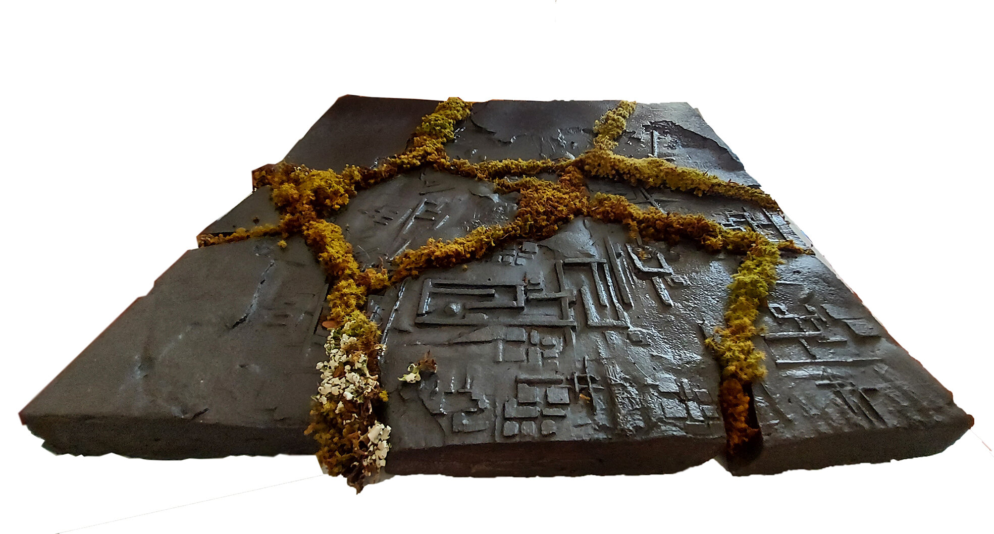 Terra Firma, broken sculpture, moss, 50x50x4 cm, 2001-21