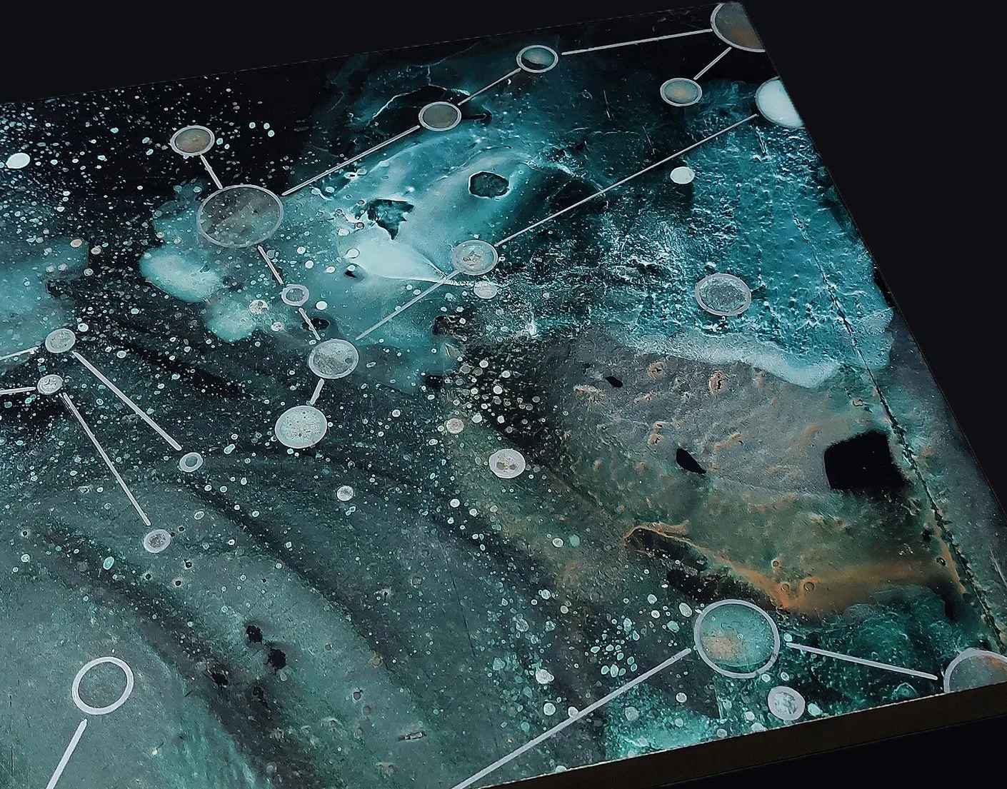 150x150 cm, iridescent and interference colours  on fiberboard and paper panels, 2020-24, detail.