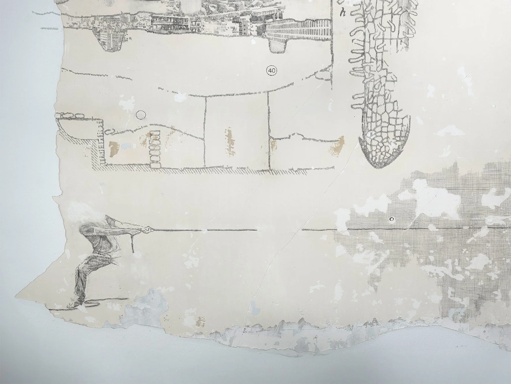 "Το Σχέδιο". In situ εικαστική παρέμβαση σε κατοικία στη Θεσσαλονίκη. Γραφίτης σε εσωτερικό επίχρισμα τοίχου, 165x185 εκ., λεπτομέρεια. 