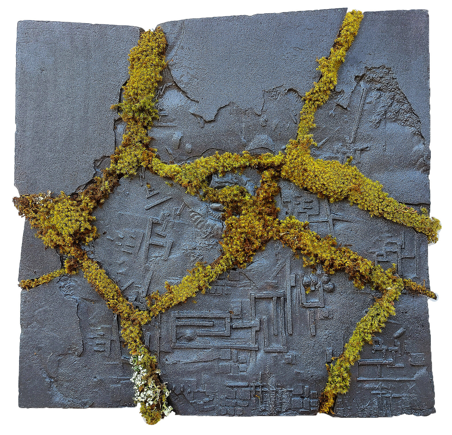 Terra Firma, broken sculpture, moss, 50x50x4 cm, 2001-21
