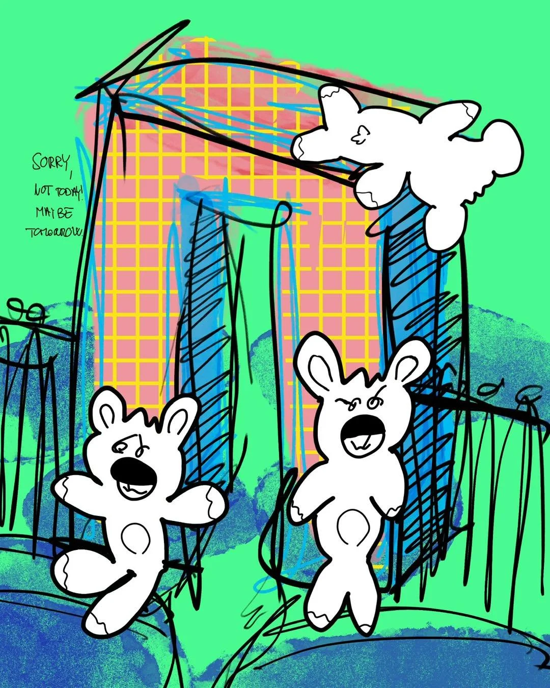 &lsquo;bouncer bears&rsquo;
message: SORRY, NOT TODAY! MAYBE TOMORROW. 

#365doodlesbysimoniddol #emotionalsupportanimals #teddybears #bouncer #nightlifestyle