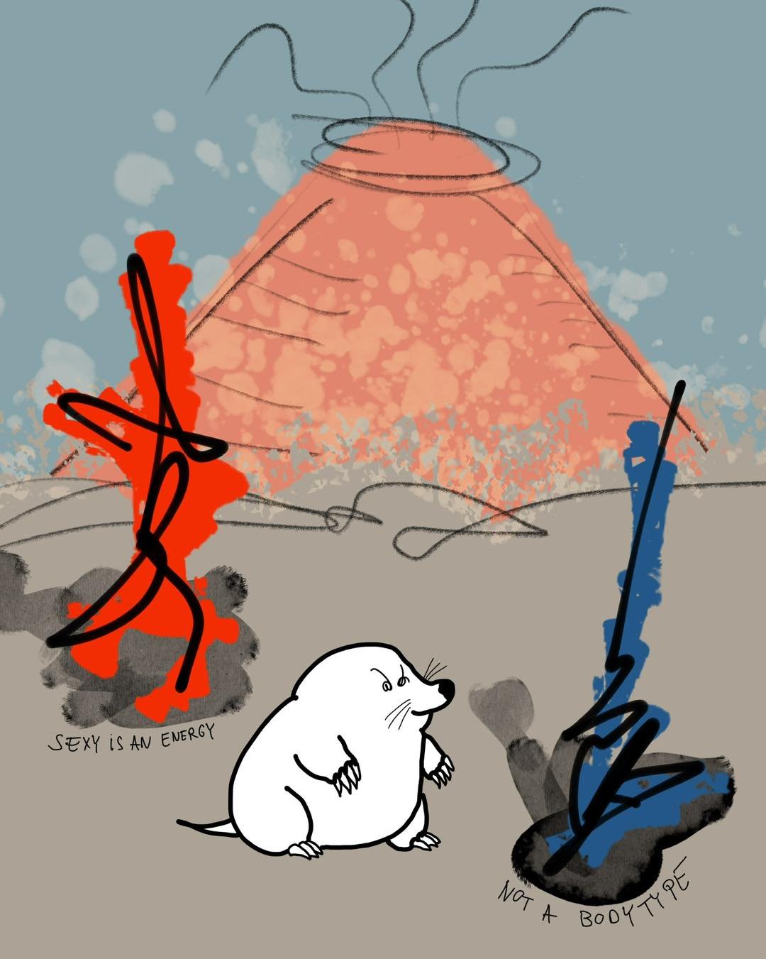 &lsquo;the hottie and the volcano&rsquo;
message: SEXY IS AN ENERGY NOT A BODY TYPE

#365doodlesbysimoniddol #emotionalsupportanimal #mole #volcano #bodytype