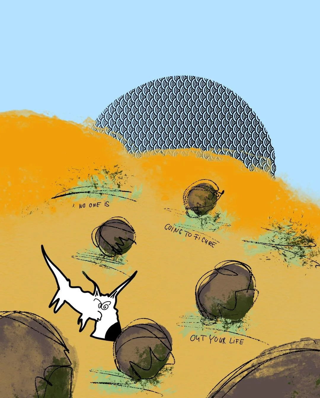 &lsquo;rocky hills&rsquo;
message: NO ONE IS GOING TO FIGURE OUT YOUR LIFE

#365doodlesbysimoniddol #emotionalsupportanimal #dog #hills #figureout