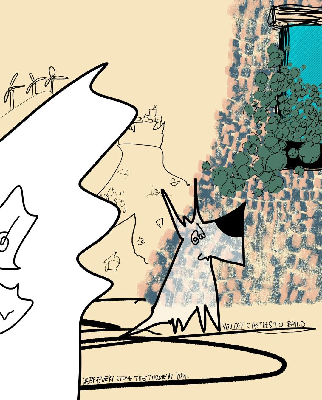 &lsquo;the collectors&rsquo;
message: KEEP EVERY STONE THEY THROW AT YOU. YOU GOT CASTLES TO BUILD. 

#365doodlesbysimoniddol #god #dog #castle #rock