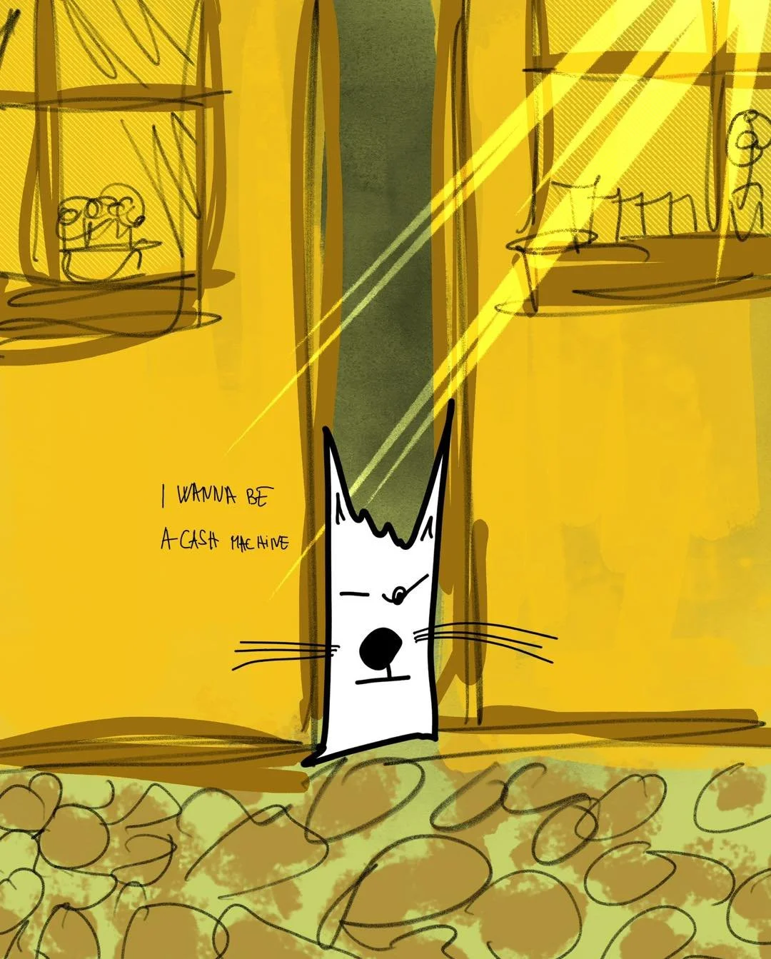 &lsquo;i wanna destroy the passersby &lsquo;cause I&hellip;&rsquo;
message: I WANNA BE A CASH MACHINE 

#365doodlesbysimoniddol #emotionalsupportanimal #cat #cashmachine #dailydrawing