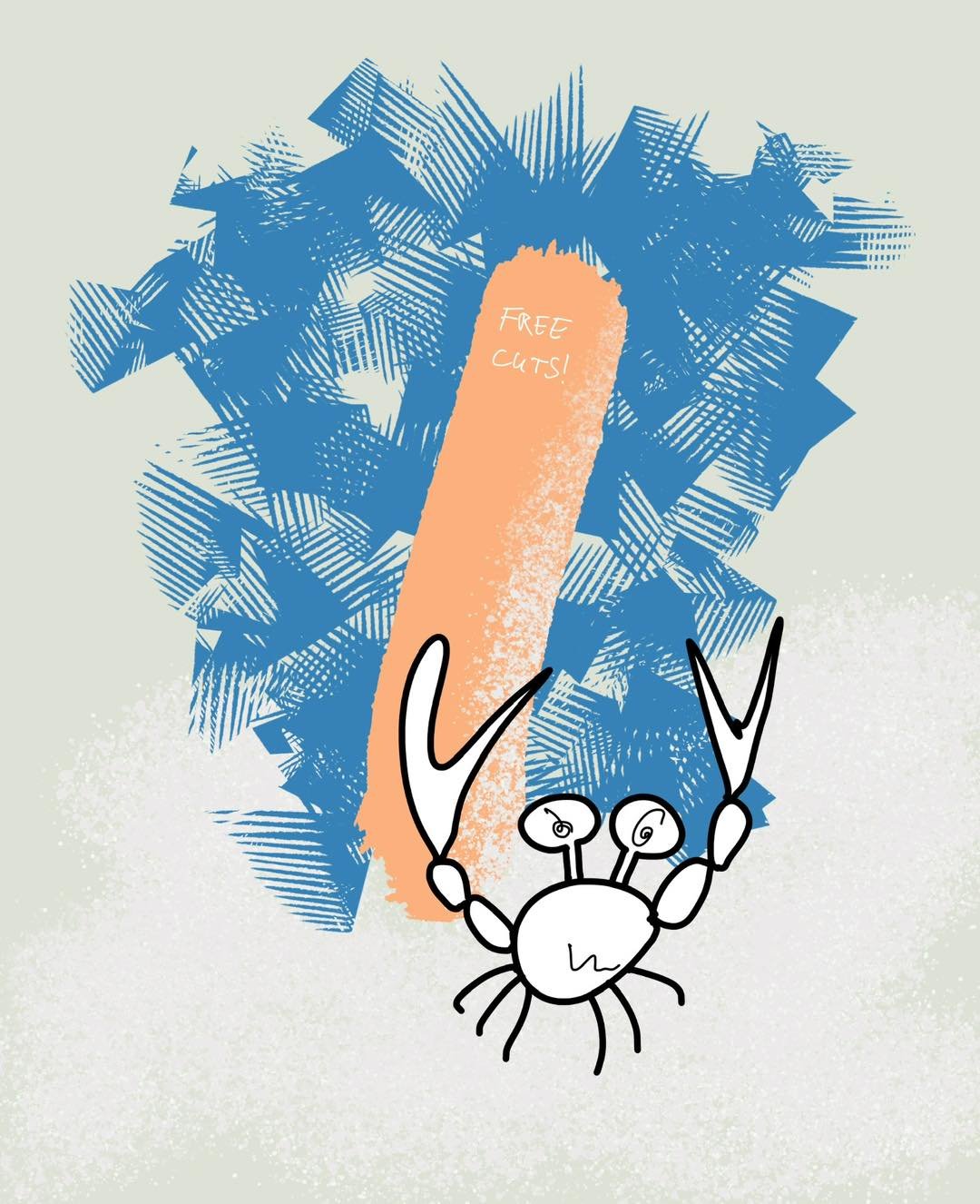 &lsquo;really kind crab&rsquo; 
message: FREE CUTS! 

#365doodlesbysimoniddol #emotionalsupportanimal #crab #freecuts #dailydrawing