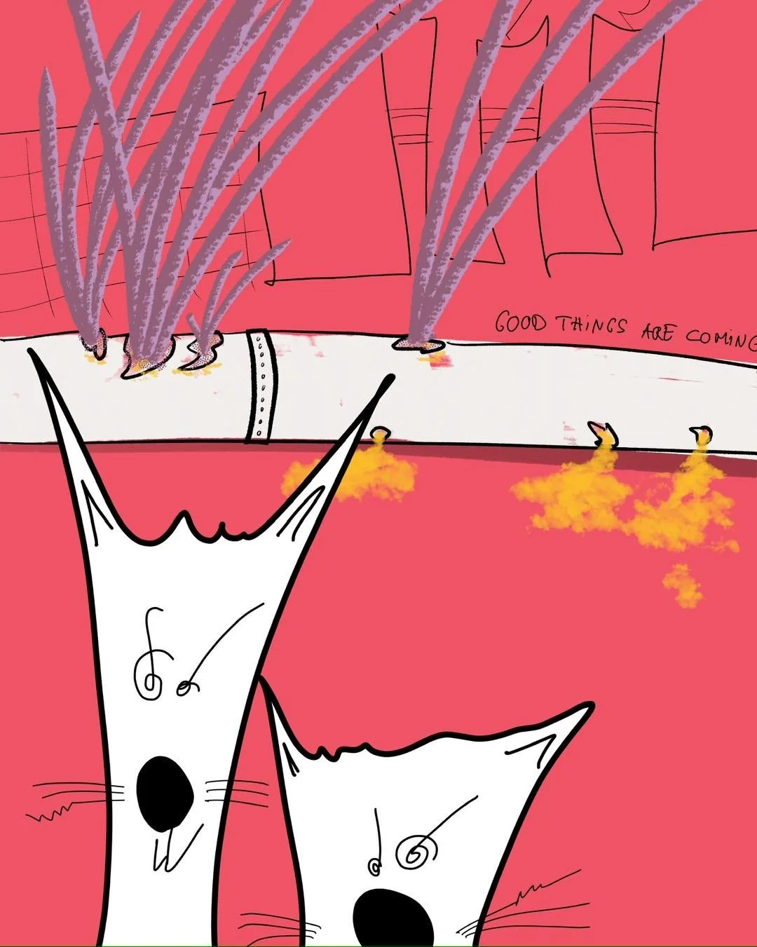 &lsquo;excited cats by the pipeline&rsquo; 
message: GOOD THINGS ARE COMING 

#365doodlesbysimoniddol #emotionalsupportanimals #cats #excitedcats #pipeline