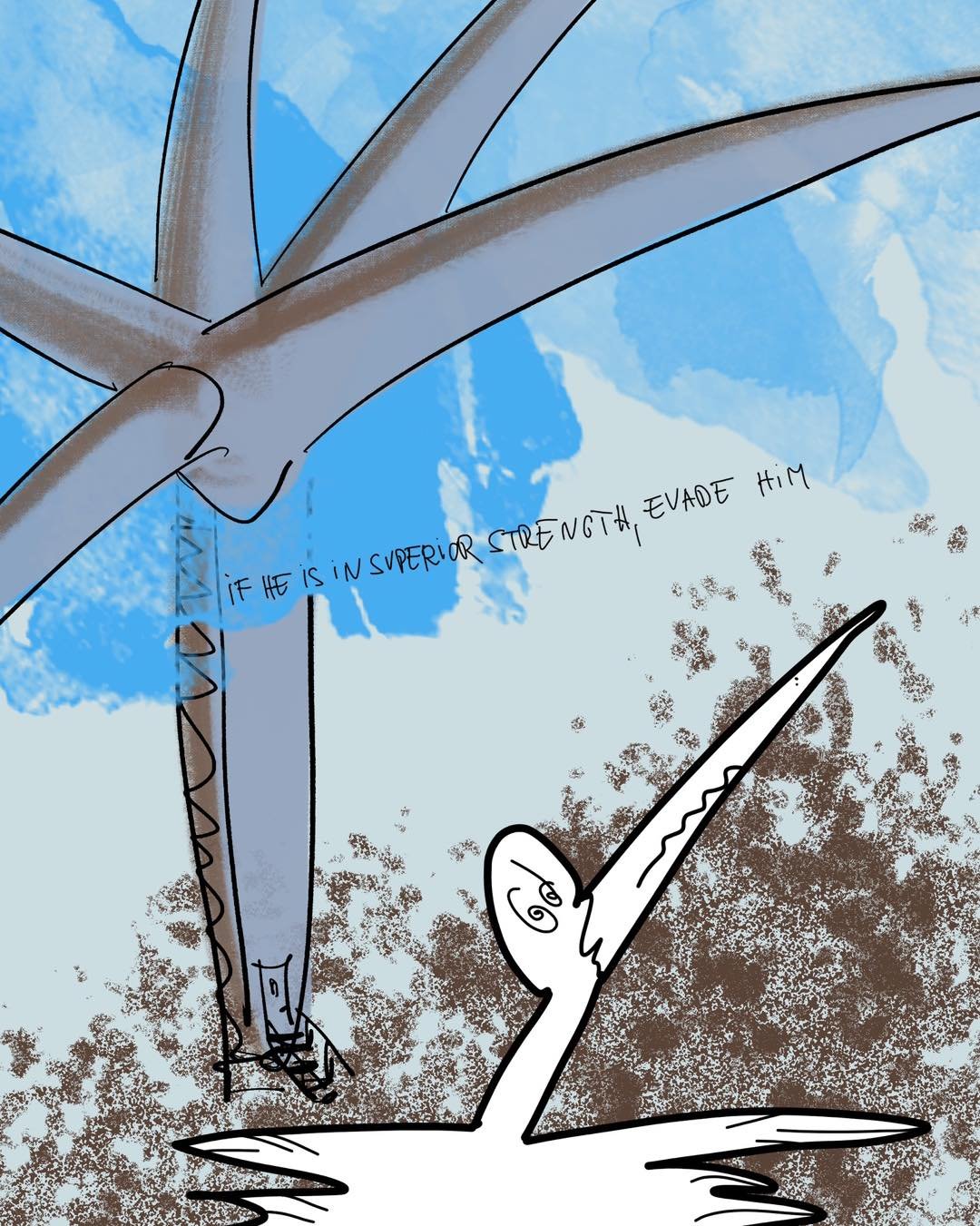 &lsquo;the stork and the giant wind turbine&rsquo; 
message: IF HE IS IN SUPERIOR STRENGTH, EVADE HIM (Sun Tzu) 

#365doodlesbysimoniddol #emotionalsupportanimal #stork #artofwar #windturbine