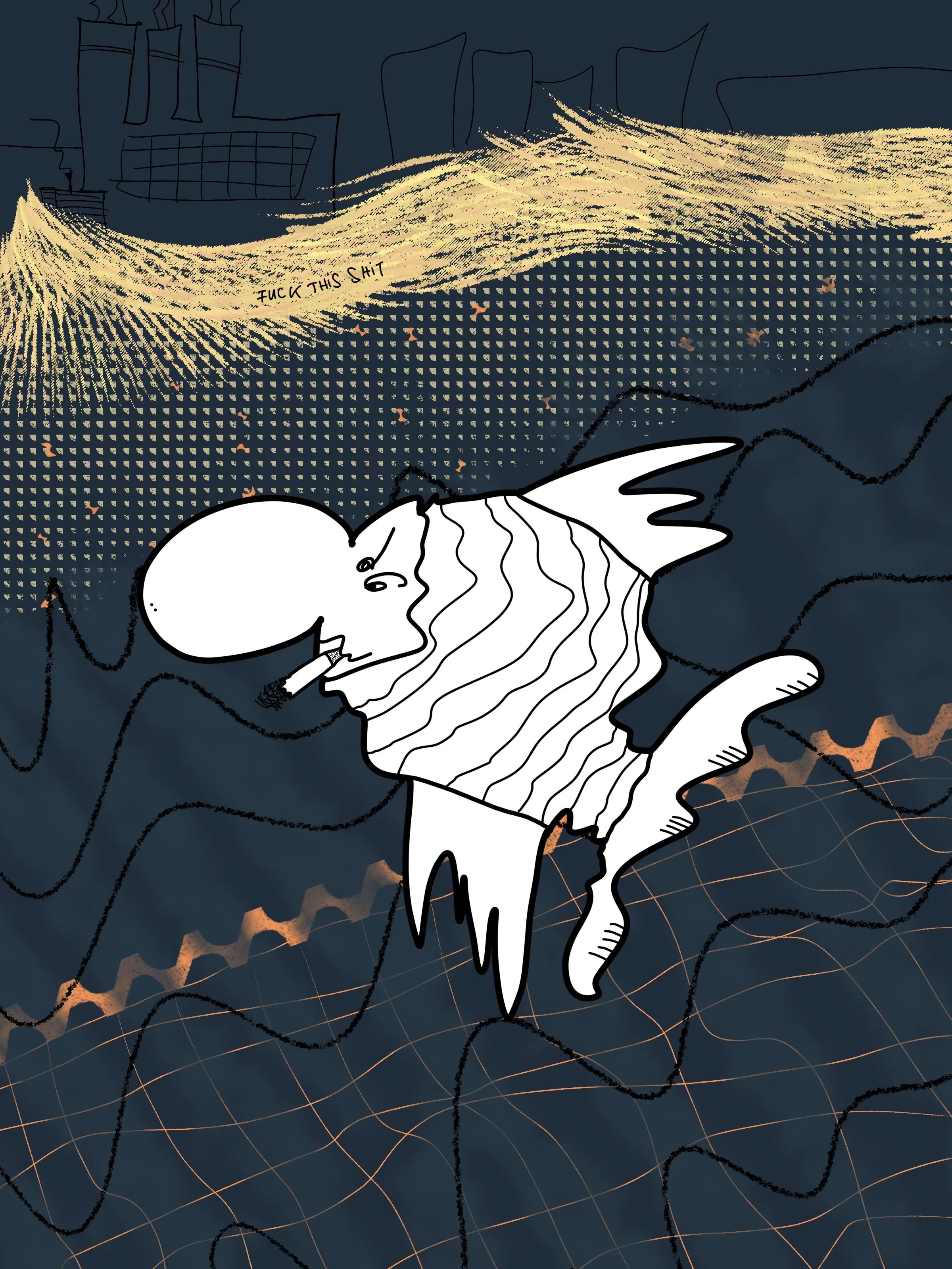 &lsquo;escape from the fish farm&rsquo; 
message: FUCK THIS SHIT 

#365doodlesbysimoniddol #emotionalsupportanimals #fish #fishfarm #escape