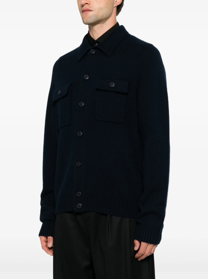 FROM FUTURE men's Cashmere Cardigan in Navy, crafted from 100% pure cashmere with a classic collar, button closure and patch pockets.