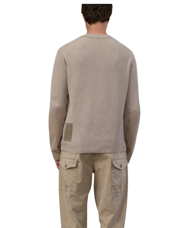 Ten C cotton knit sweater in pale taupe with ribbed texture and OJJ fabric sleeve details.