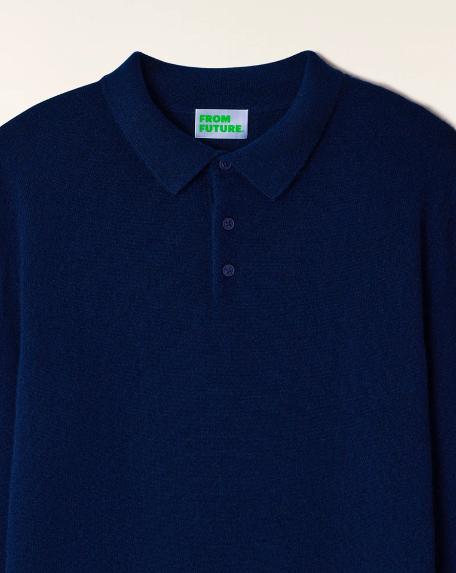 FROM FUTURE Cashmere Polo Sweater for men in Navy, crafted from 100% GCS®-certified cashmere with a buttoned polo collar and regular fit.