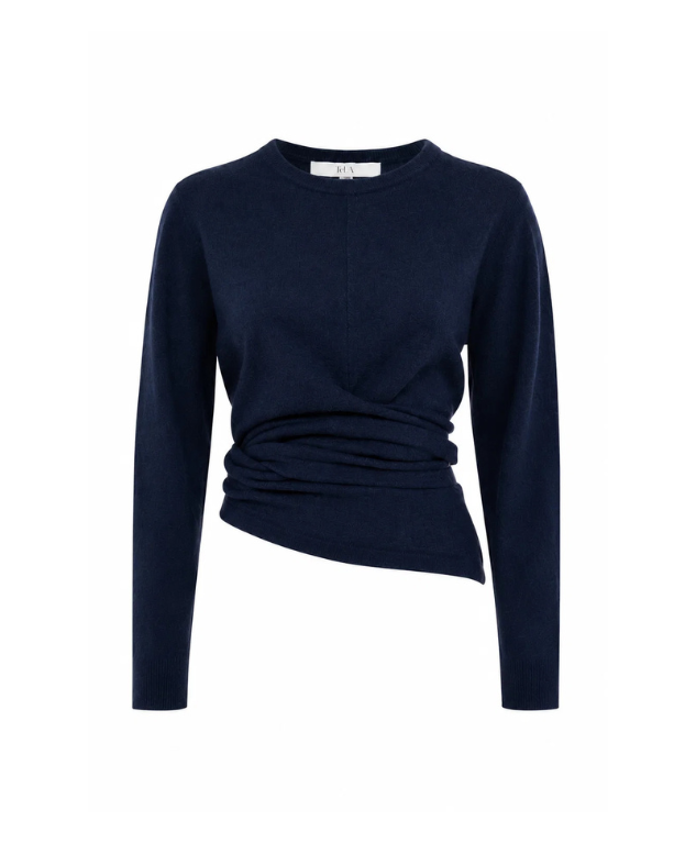 TELA Crossover Knit Top in Blue, crafted from soft carded wool with a wrap-effect front, draped waist and adjustable back tie.
