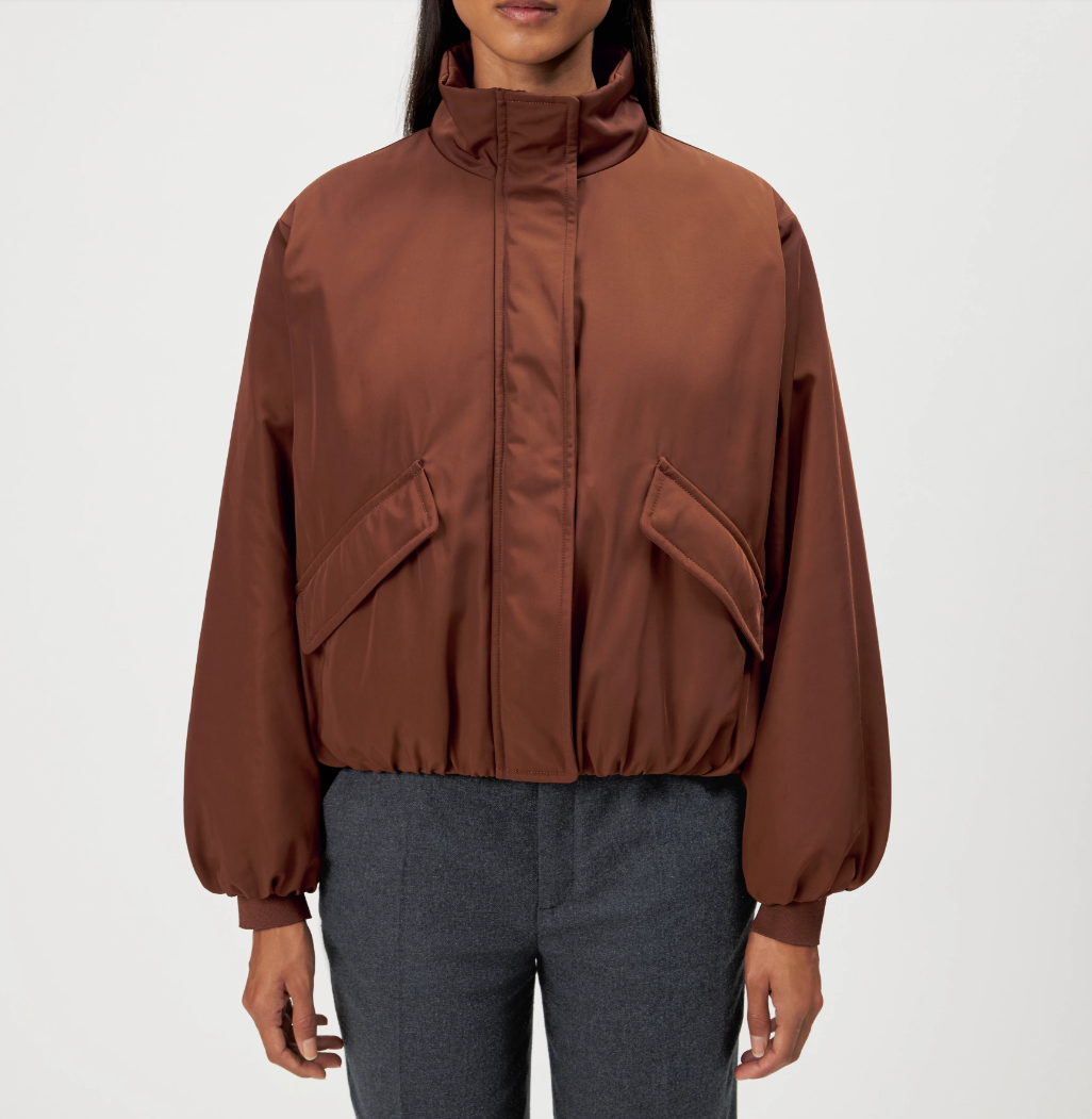Drykorn CADLEY Blouson for women in Chocolate Fondant, featuring an oversized relaxed fit, technical twill and high stand collar.