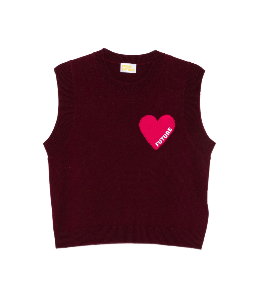 FROM FUTURE Heart Cashmere Vest in Winter Burgundy, featuring an oversized fit, cropped silhouette and signature embroidered heart.