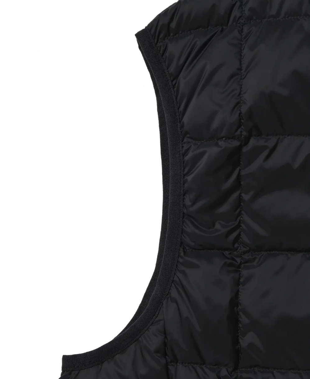 TAION Basic V-Neck Button Down Down Vest in black with snap buttons and lightweight design.