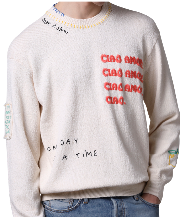 Roberto Collina “CIAO AMORE” sweater in natural with textured cotton knit, embroidered lettering, and relaxed fit.