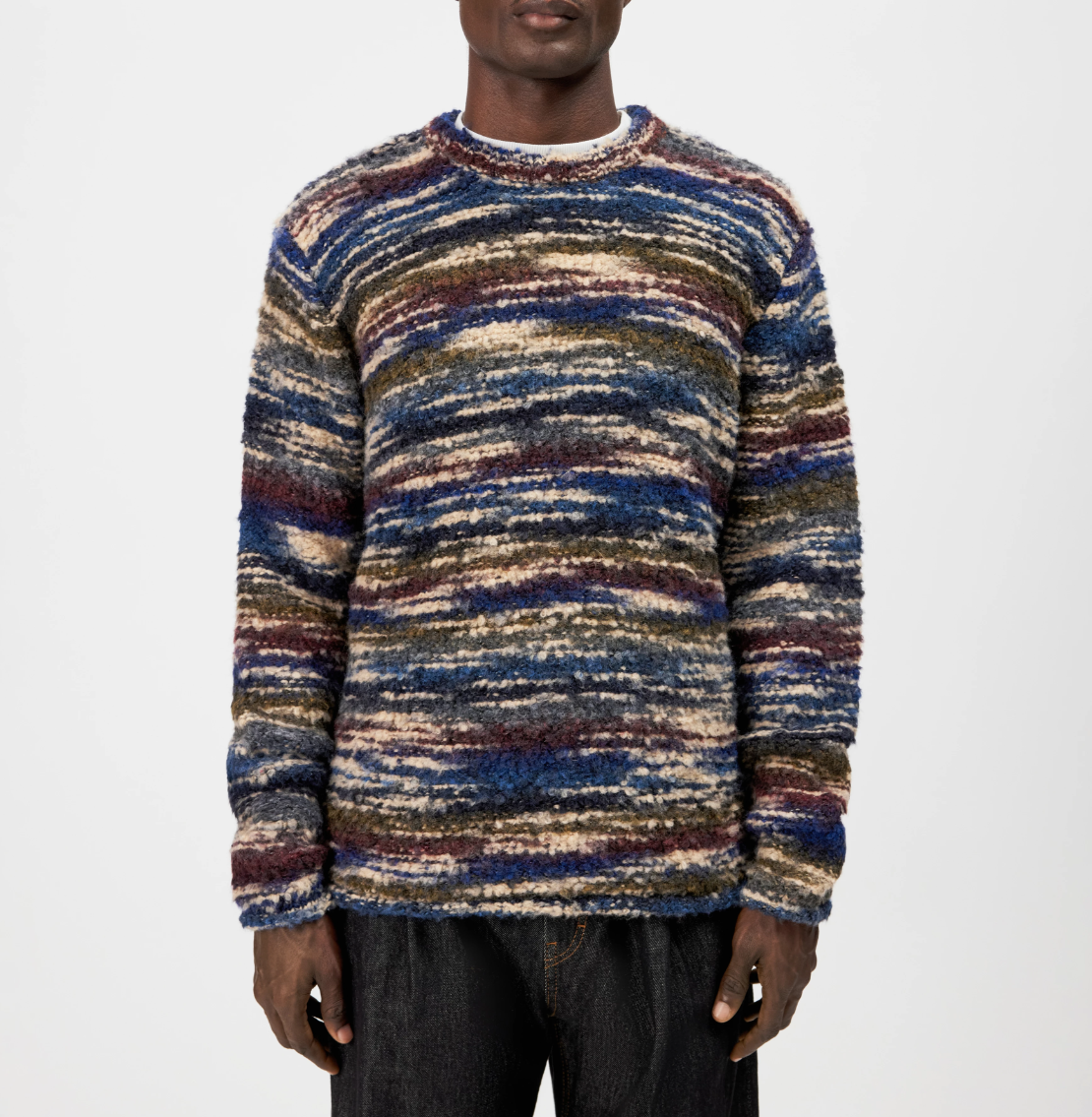 Drykorn LEANDO knit sweater for men in Smoky Blue with a relaxed fit, multicoloured space-dye effect and soft brushed wool blend.