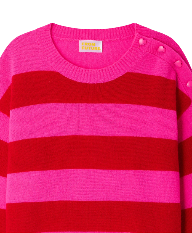 From Future striped cashmere sweater in flash pink with heart buttons and two-tone stripes.