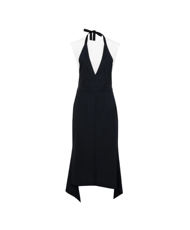 Black layered midi dress with white top by Tela, made in Italy with V-neck, cut-out detail, and asymmetric hem for standout style.