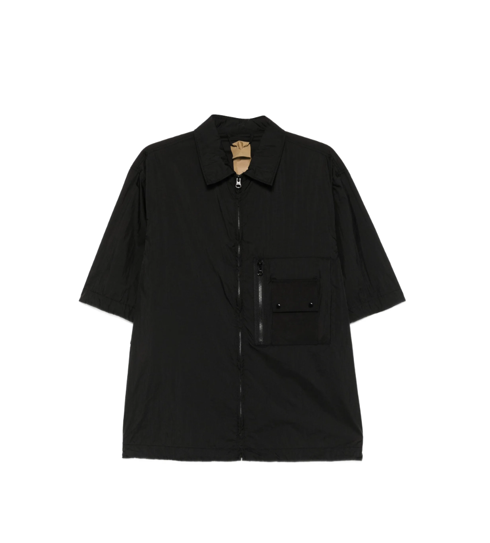 Ten C lightweight overshirt in black with zip closure, ripstop fabric, and utility pocket details.