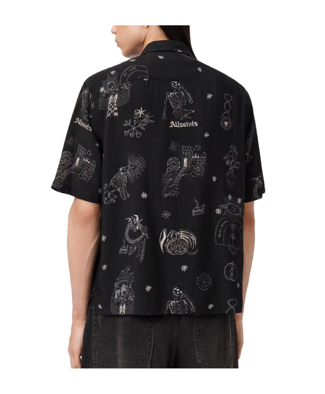AllSaints TERRA Oversized Linen Blend Shirt in jet black with graphic print, chest pocket, and relaxed oversized fit.