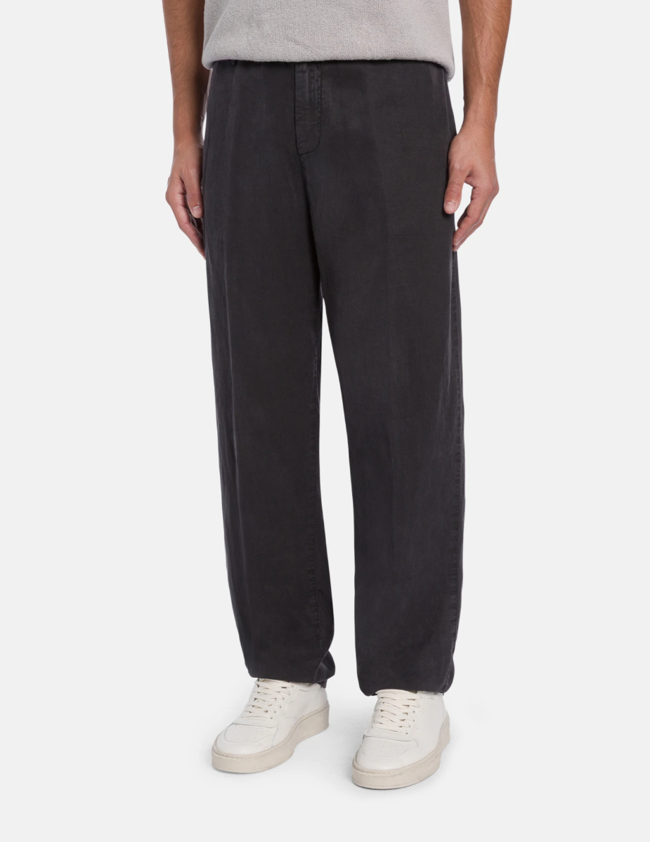 Dondup Mason trousers in black with linen-lyocell blend, relaxed fit, and pressed creases.